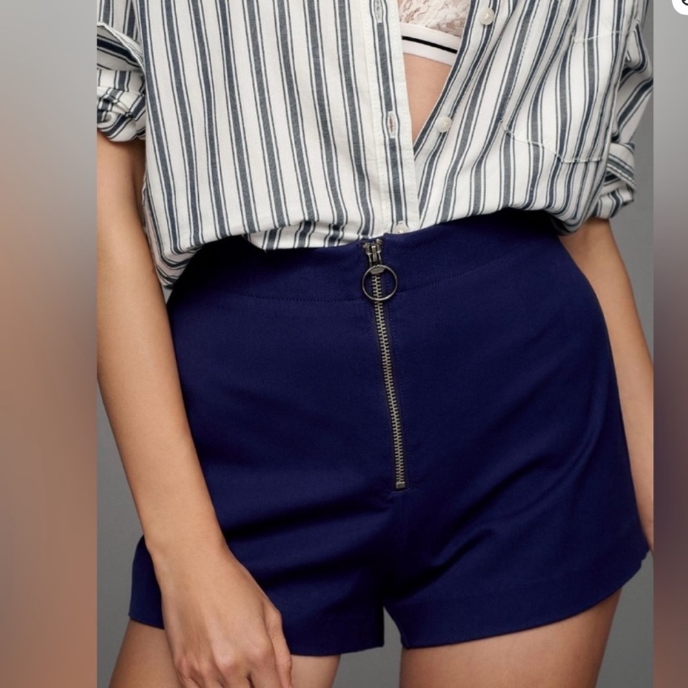 ANTHROPOLOGIE Maeve Zippered Micro Shorts Navy Blue Size 12 Disco Nautical - Picture 2 of 7